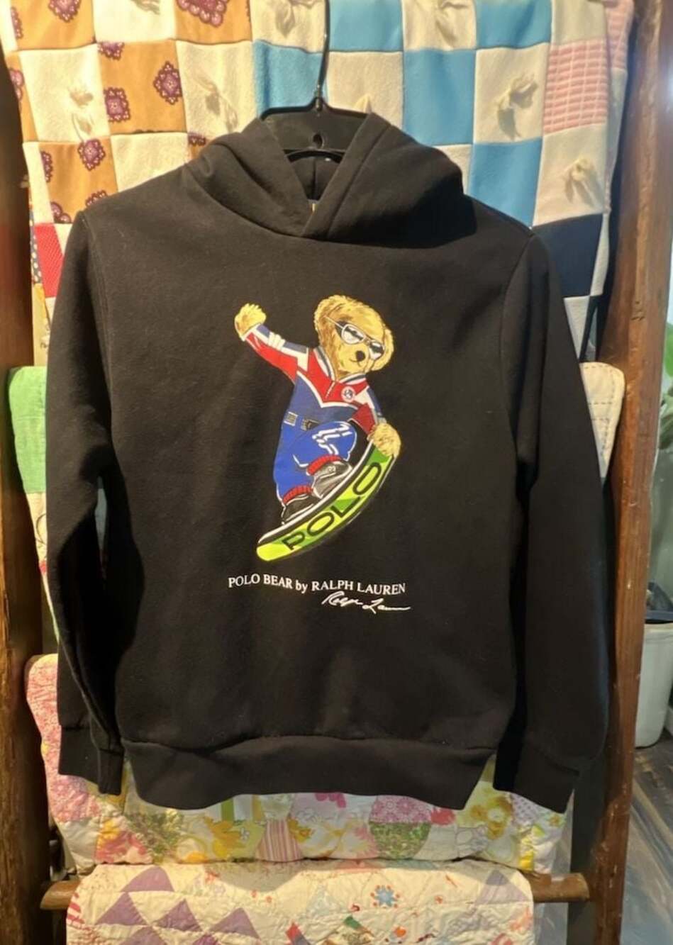Polo Ralph Lauren Black Polo Bear Ski Snowboard Graphic Hoodie Youth L 14-16